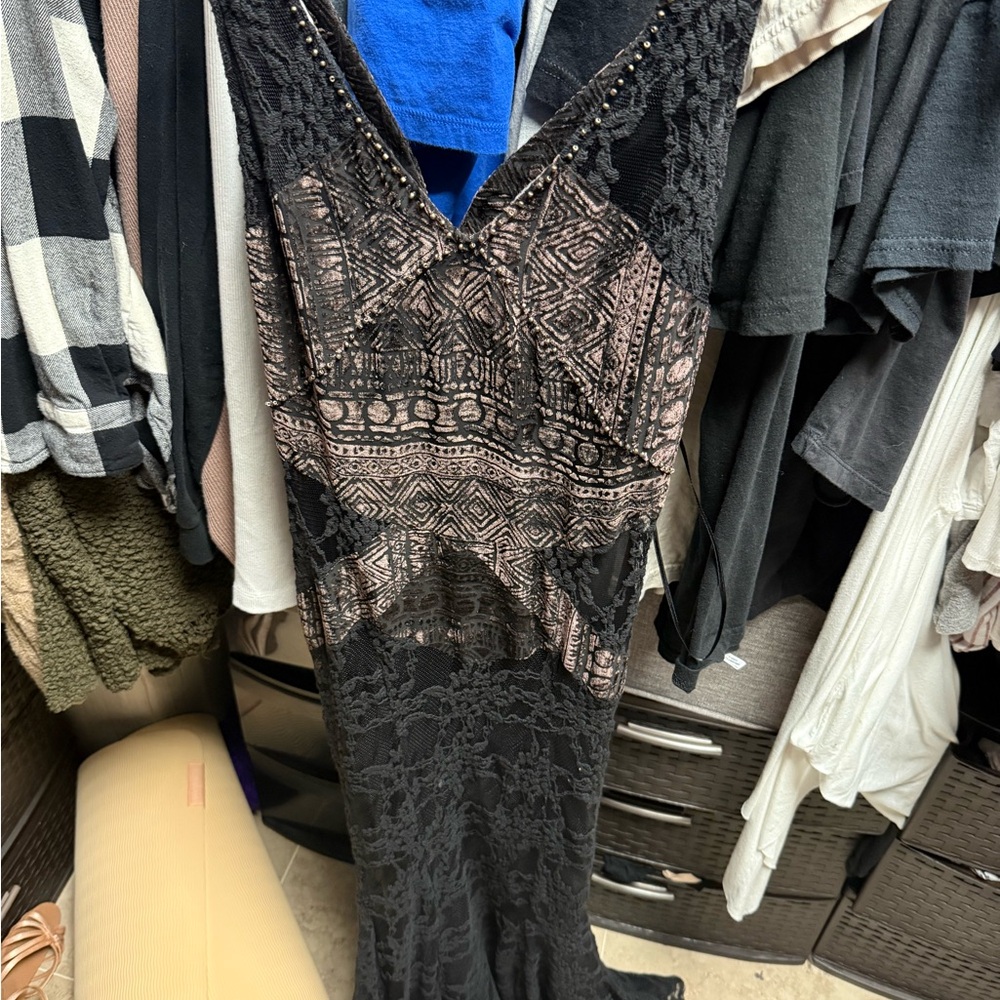 Free People Elegant Black and Brown Lace and Velvet Dress